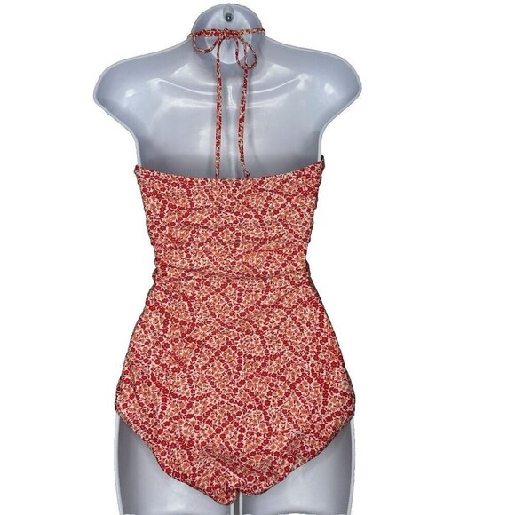 J Crew Printed One Piece Keyhole Swimsuit Size M Floral Coral Pink BP354 - Picture 3 of 7